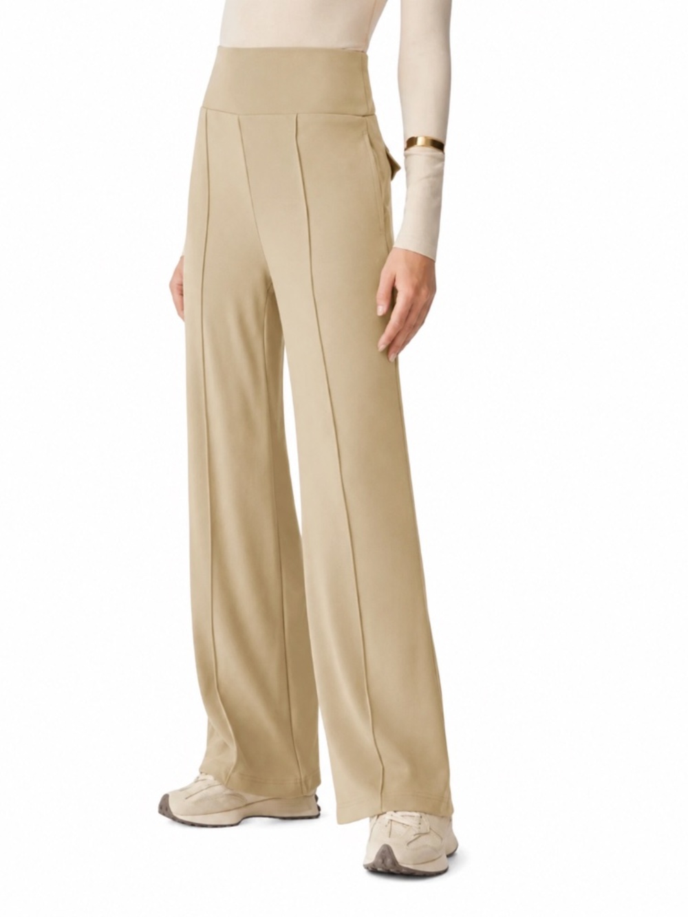 OGL MaxWarm Tummy Warmer Pin-Tuck Pants Cream Beige Size M Wide Leg